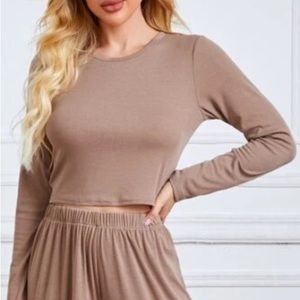 brown long sleeve cropped t-shirt